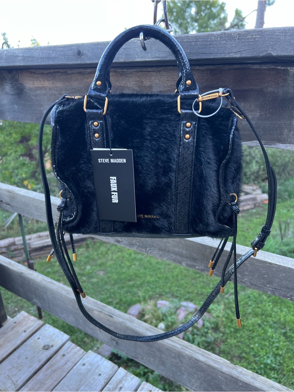 Steve Madden Black Faux Fur Crossbody Satchel with Gold Hardware